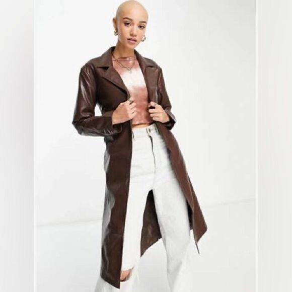 NWT Brown vegan leather trench coat jacket - Picture 4 of 11